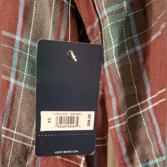 Lucky Brand NWT women's burgendy & greens plaid long sleeve button shirt sz XS - Picture 11 of 14